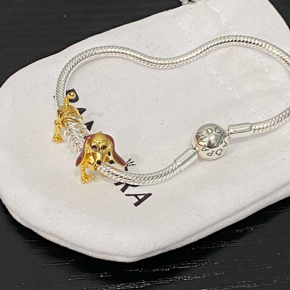 Pandora. Jewelry - Pandora Silver Bracelet with Gold & Brown Dog Charm